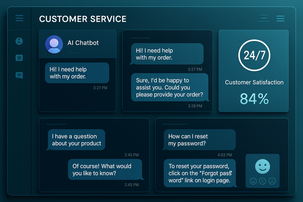 AI chatbot customer service dashboard showing 24/7 automated support interface