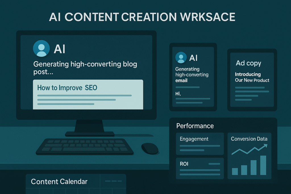 AI content generation workspace showing automated blog posts and marketing materials creation