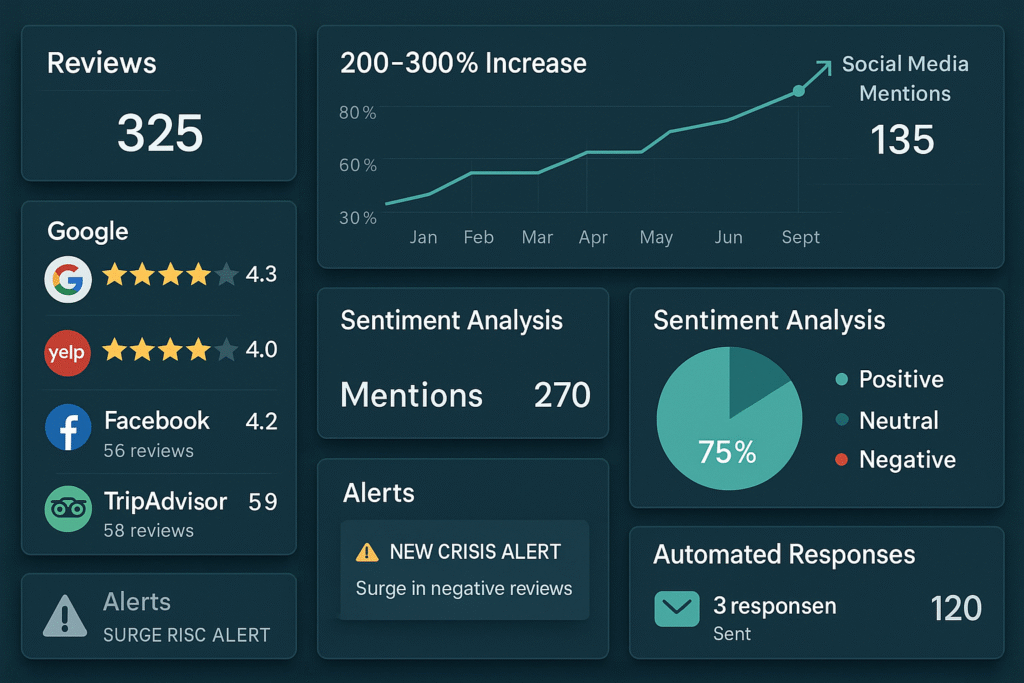 Online reputation management dashboard monitoring reviews and social media mentions