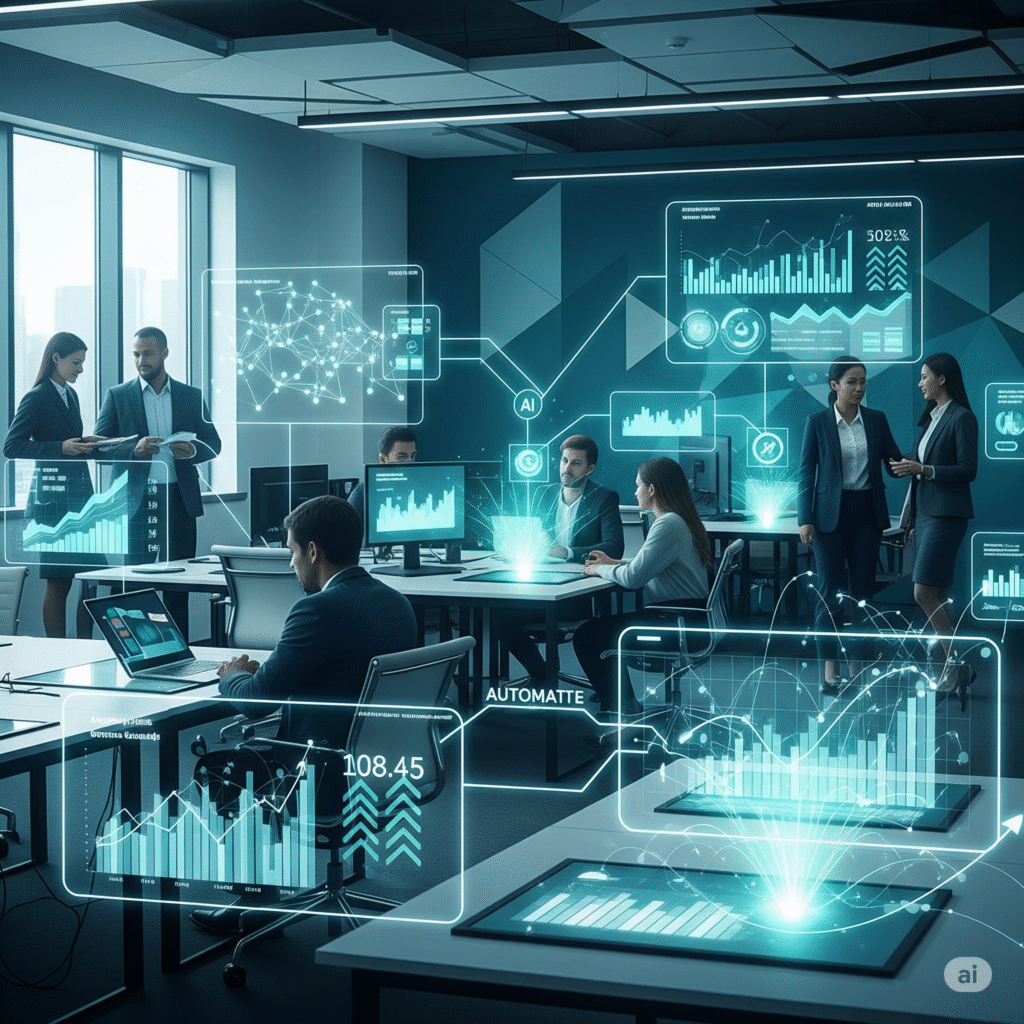 Modern business office with professionals collaborating using AI automation technology, holographic data displays, and productivity analytics
