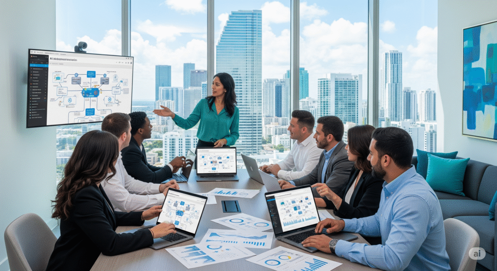 Professional business team collaborating on AI automation workflows in modern Miami office with city skyline view