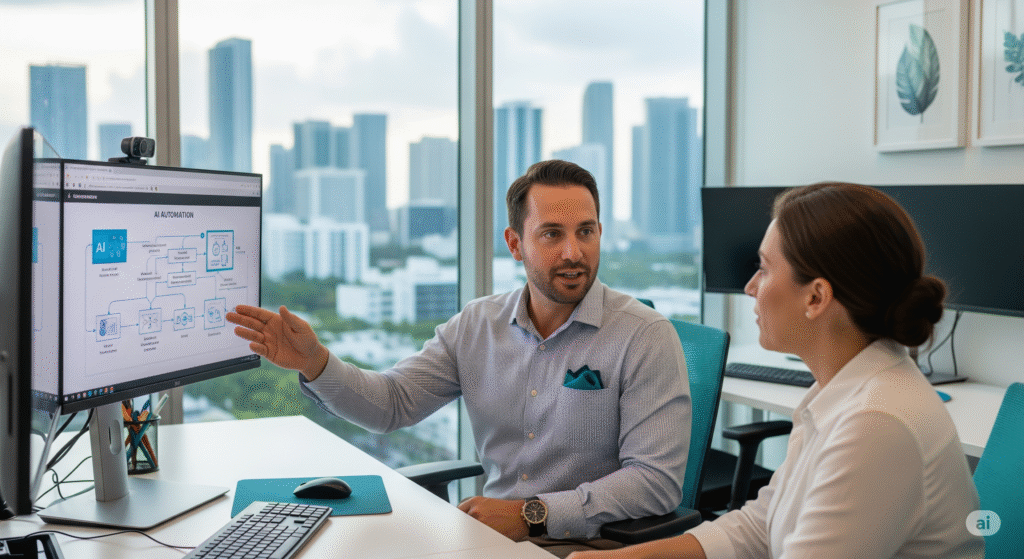 Professional AI automation consultant explaining workflow diagrams to business client in modern Miami office with city skyline view