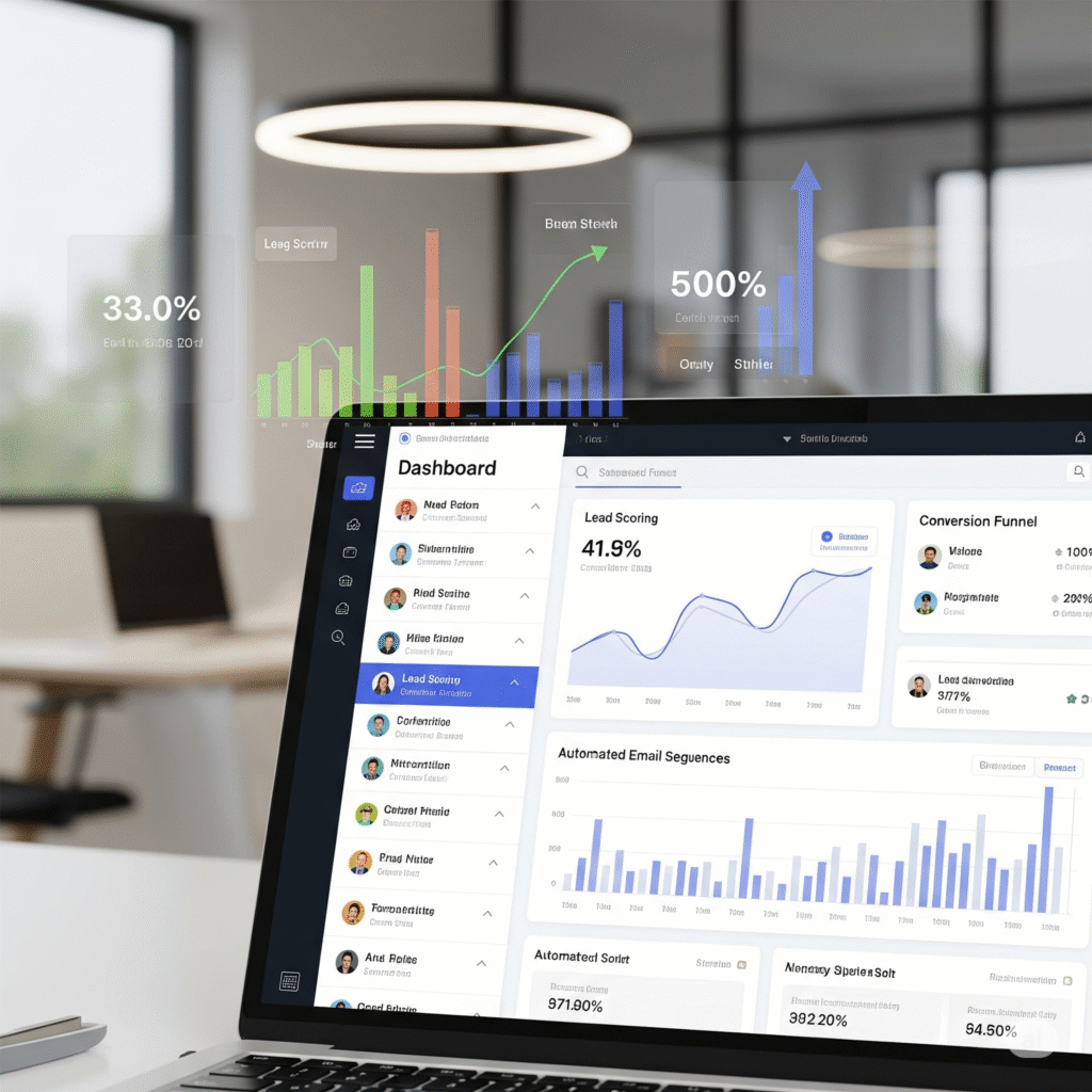 AI-powered lead scoring dashboard showing automated sales funnel and conversion analytics