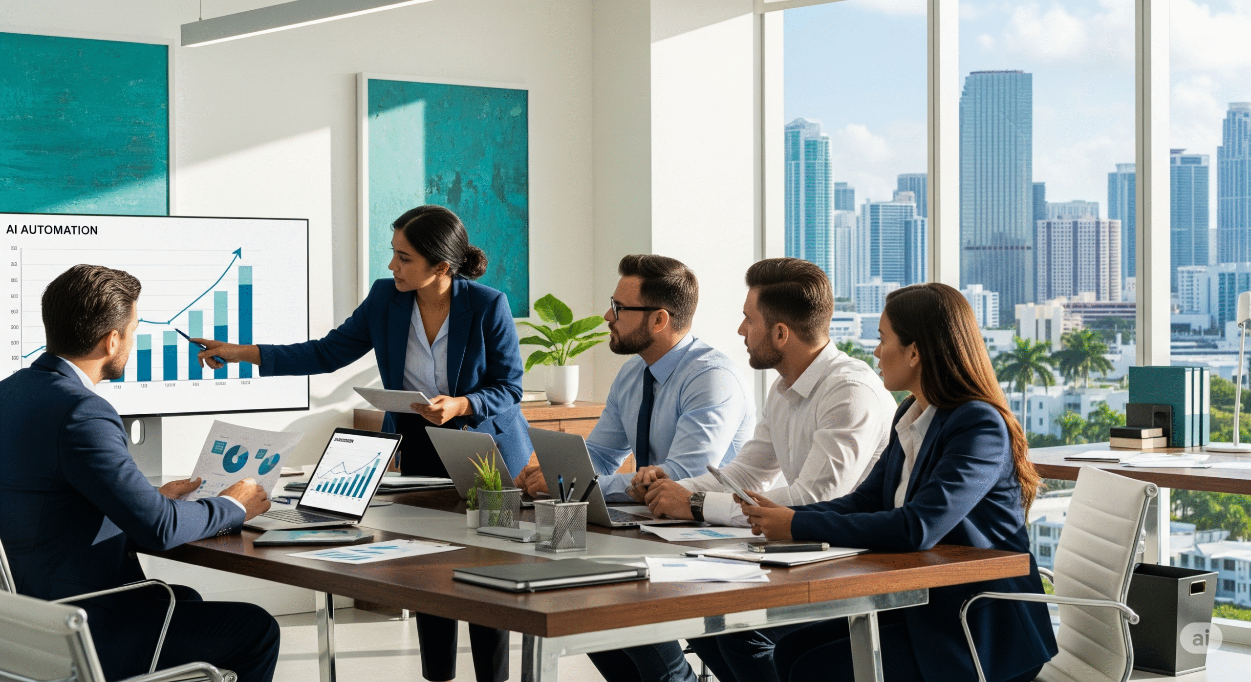 Professional business team reviewing AI automation growth charts and analytics in modern Miami office conference room with city skyline view