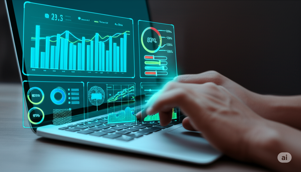 Professional analytics dashboard showing efficiency metrics and productivity data visualization on laptop