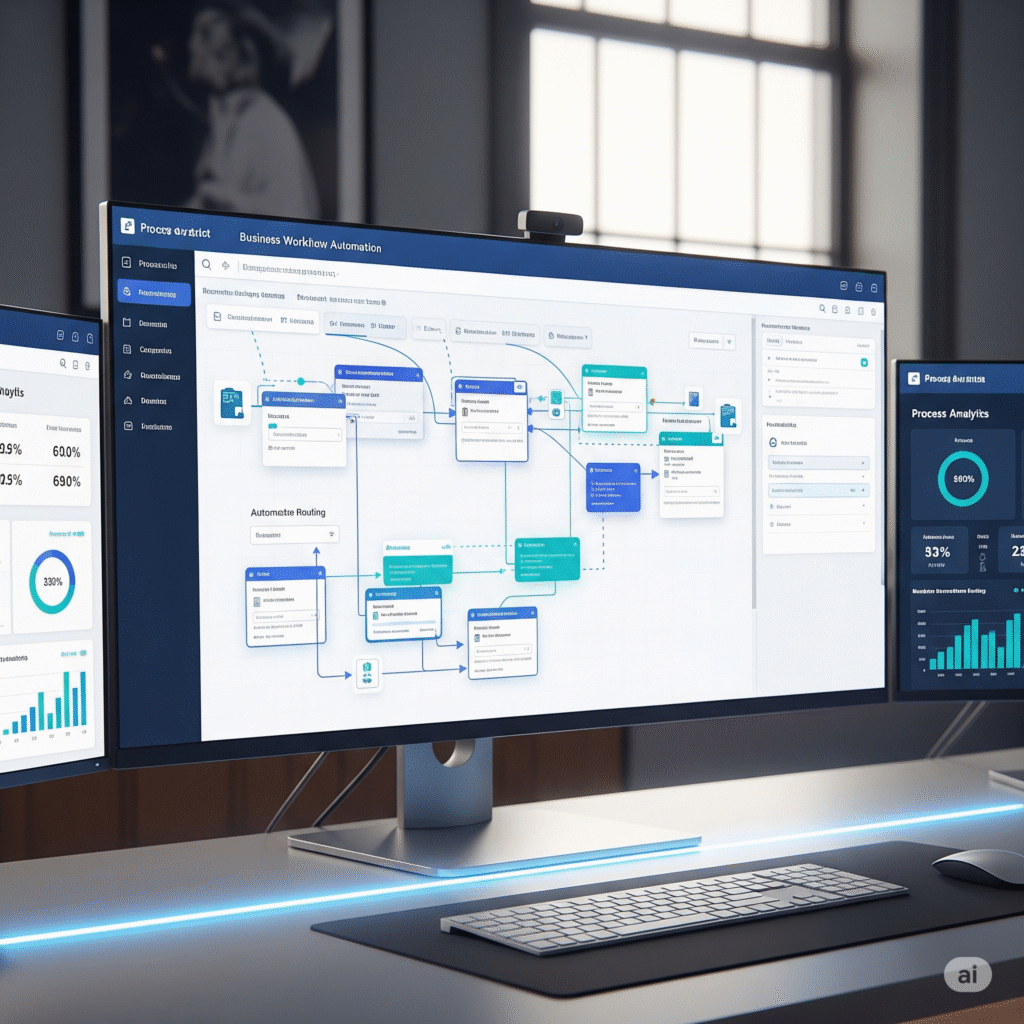 Professional workflow automation dashboard displaying business process optimization with automated task routing and analytics