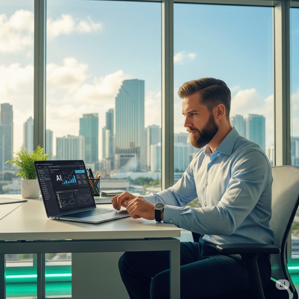 Professional entrepreneur working with AI automation dashboard in modern Miami office with city skyline view