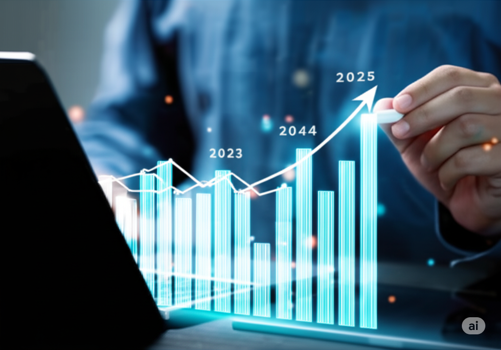 Professional pointing to financial growth chart showing ROI progression from 2023 to 2025 with upward trending data