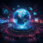 Futuristic holographic Earth with AI interface panels and data connections representing global business automation networks