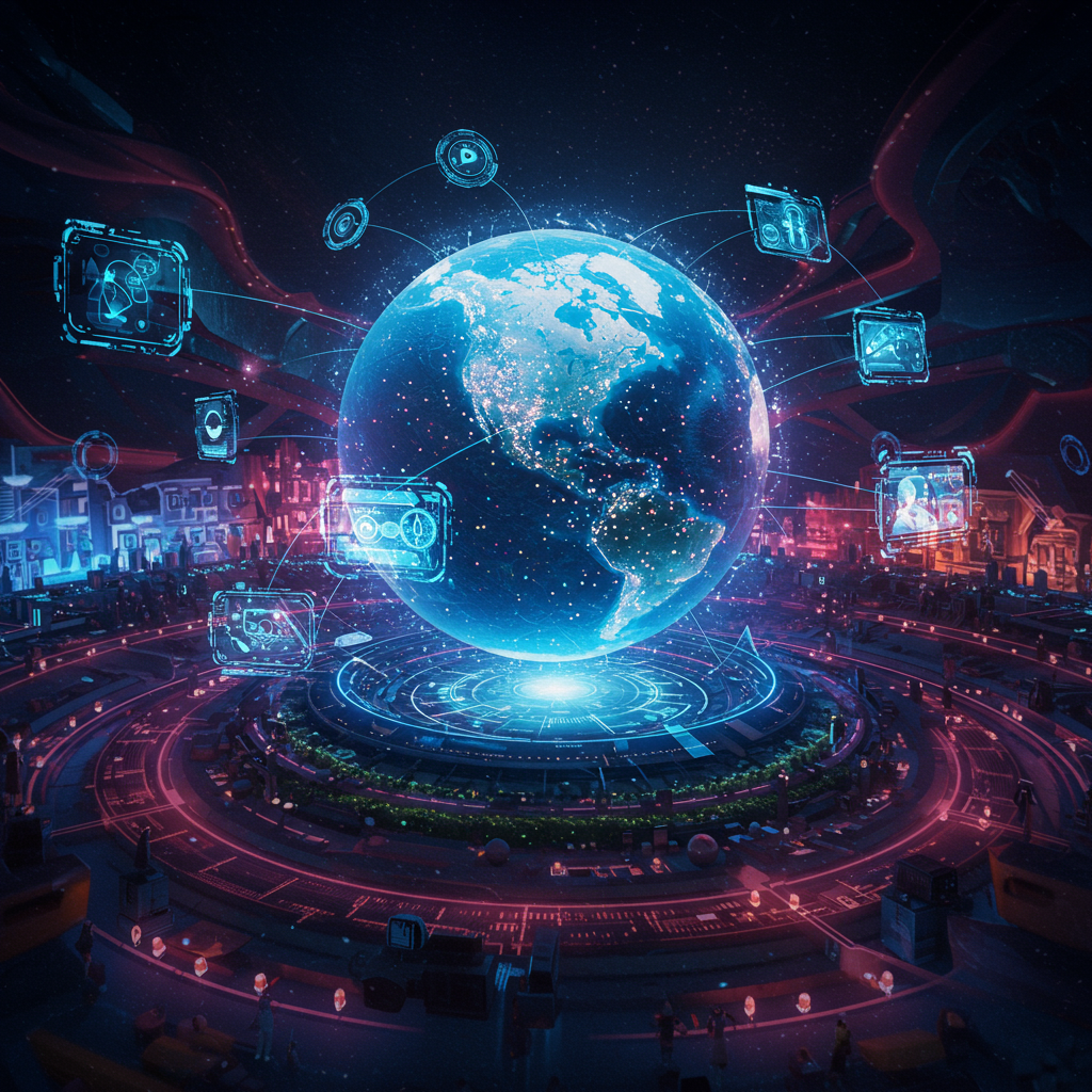 Futuristic holographic Earth with AI interface panels and data connections representing global business automation networks
