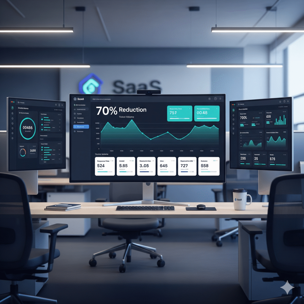 SaaS support operations center displaying 70% ticket reduction and real-time analytics across multiple dashboards