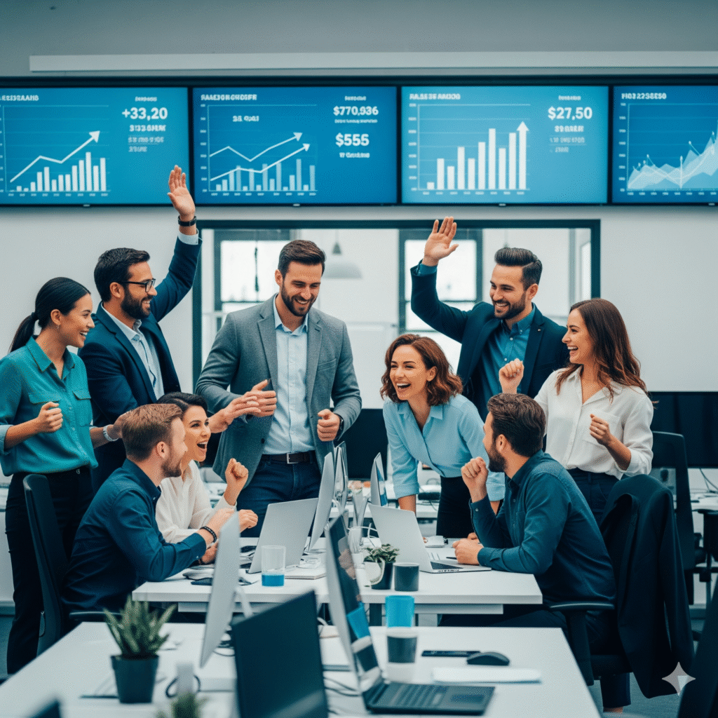 SaaS support team celebrating improved performance metrics and job satisfaction after AI automation implementation