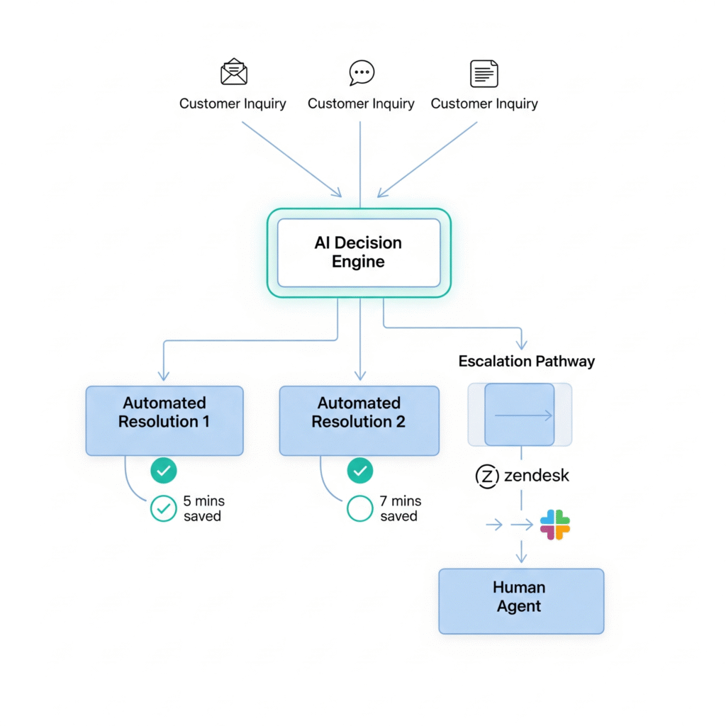 AI decision engine workflow showing automated customer inquiry routing and escalation pathways to human agents