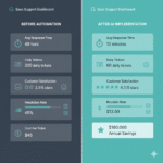 Before and after comparison of SaaS support metrics showing dramatic improvements in response time, ticket volume, and customer satisfaction