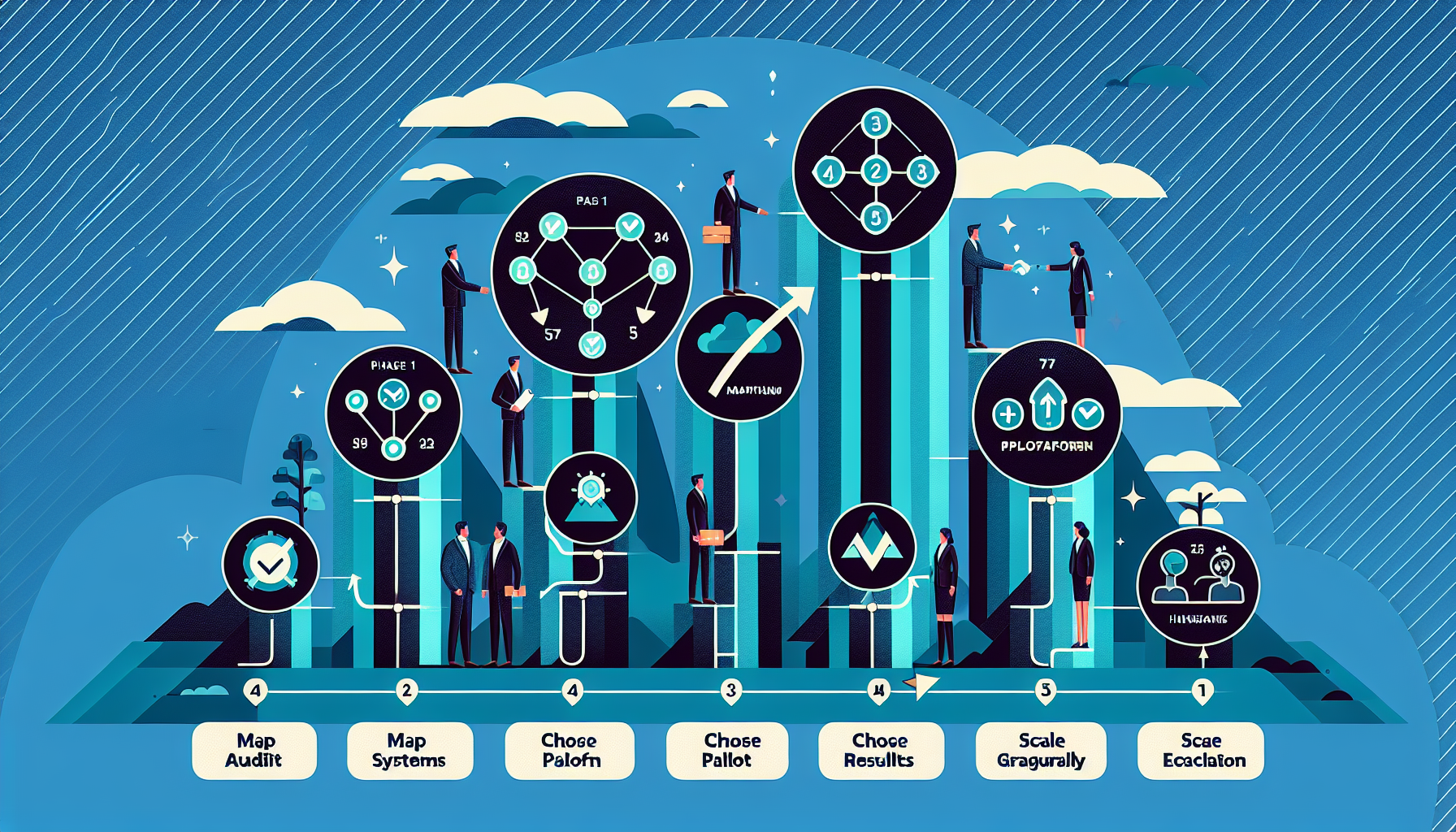 Seven phase implementation roadmap transitioning from chatbots to autonomous AI agents