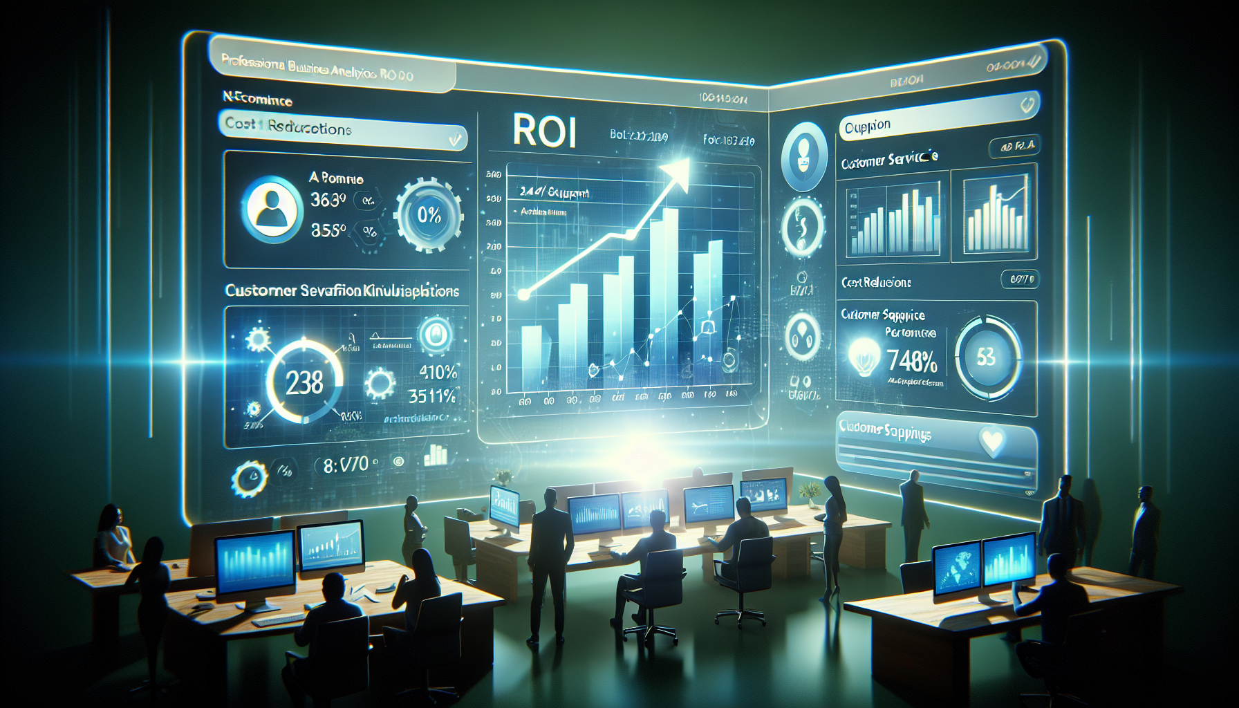 E-commerce ROI dashboard showing customer service cost savings and satisfaction metrics