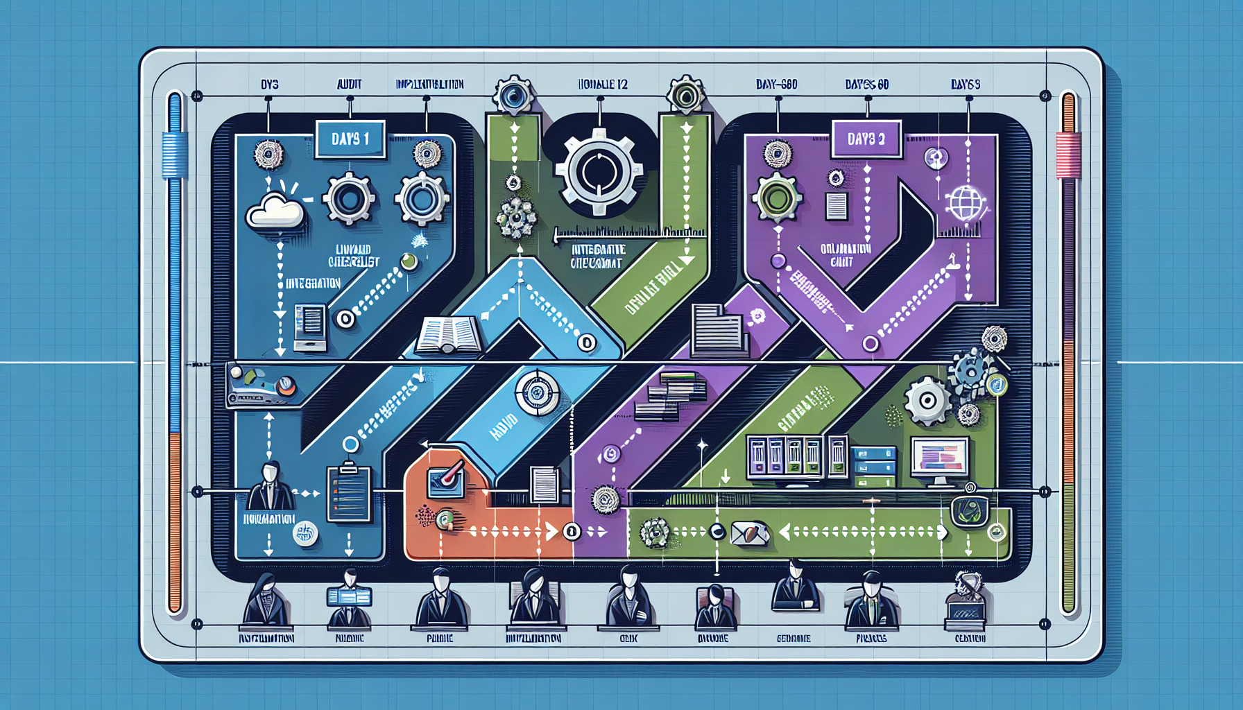 90-day AI implementation roadmap showing three phases audit integration and optimization