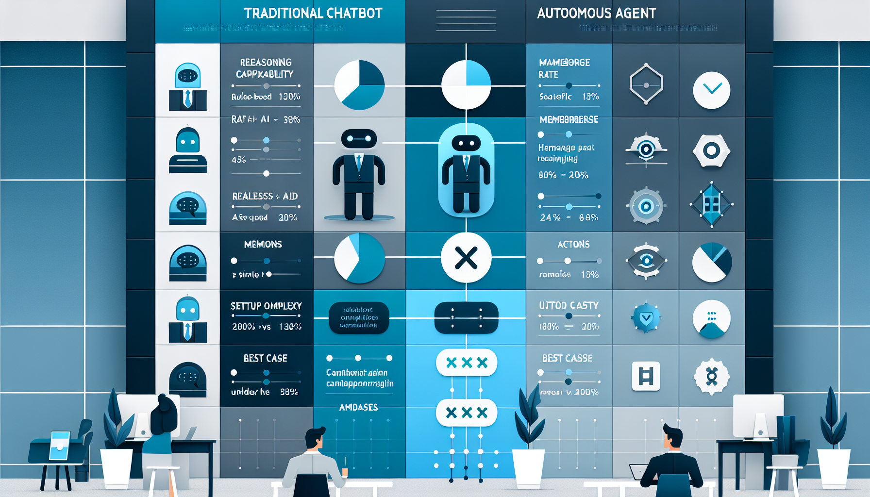 Feature comparison table traditional chatbots versus autonomous AI agents capabilities