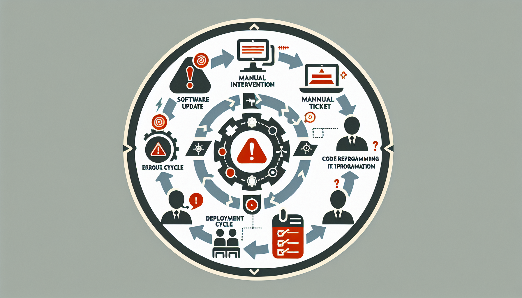RPA failure cascade flowchart showing maintenance cycle and brittleness of traditional automation